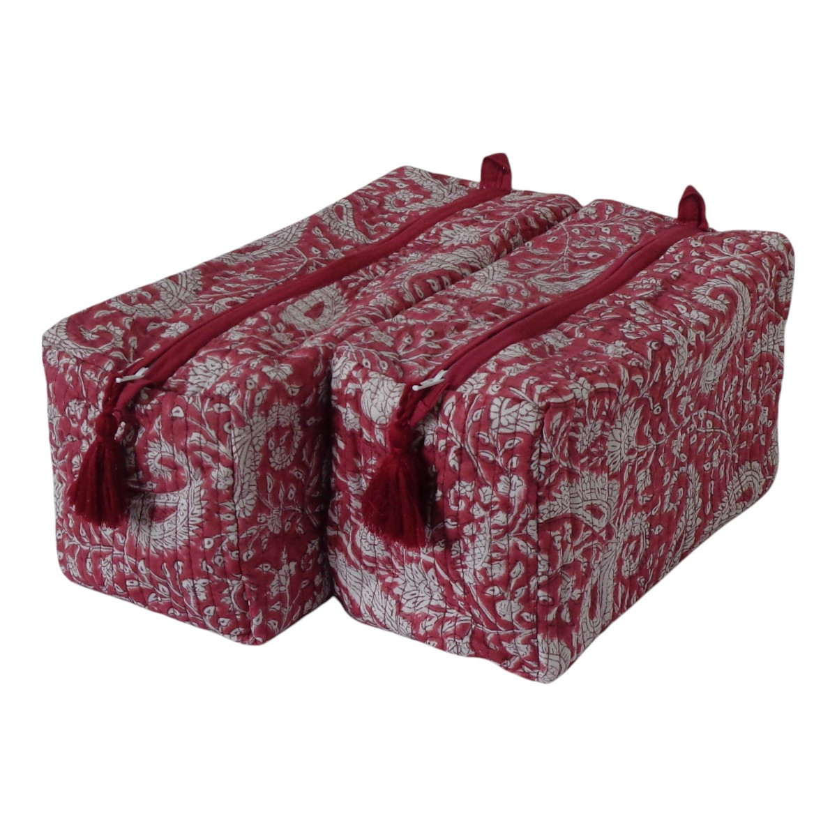 Hand Block Printed Cotton Quilted Cosmetic Bag Set of 2  Paisley Red Gud 309491