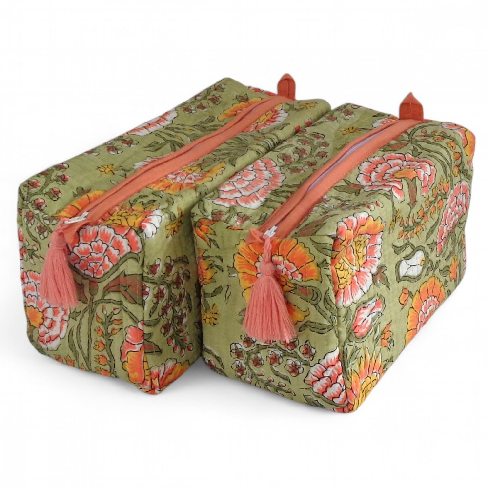 Image of Hand Block Printed Cotton Quilted Cosmetic Bag (Set of 2) | Reshma Sea Green Gud 203224