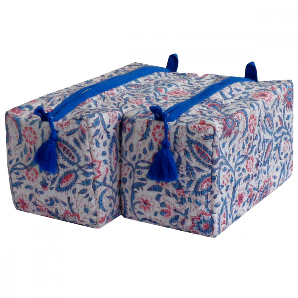 Image of Hand Block Printed Cotton Quilted Cosmetic Bag (Set of 2) | Rukmani Maroon Open 620609