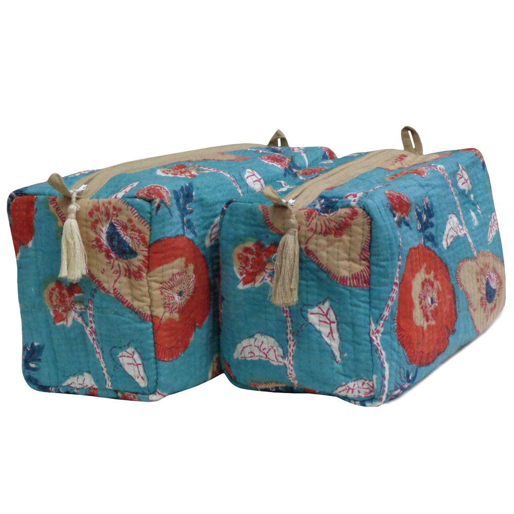 Image of Hand Block Printed Cotton Quilted Cosmetic Bag (Set of 2) | Teal Flower Gud 208278