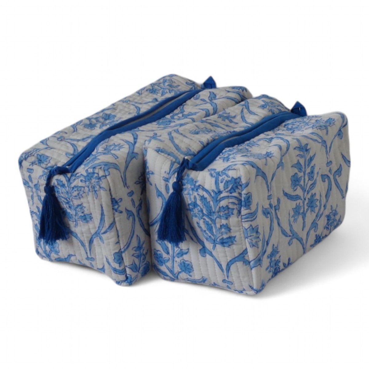 Hand Block Printed Cotton Quilted Cosmetic Bag Set of 2  Vine Leaf Alaskan Open 208679