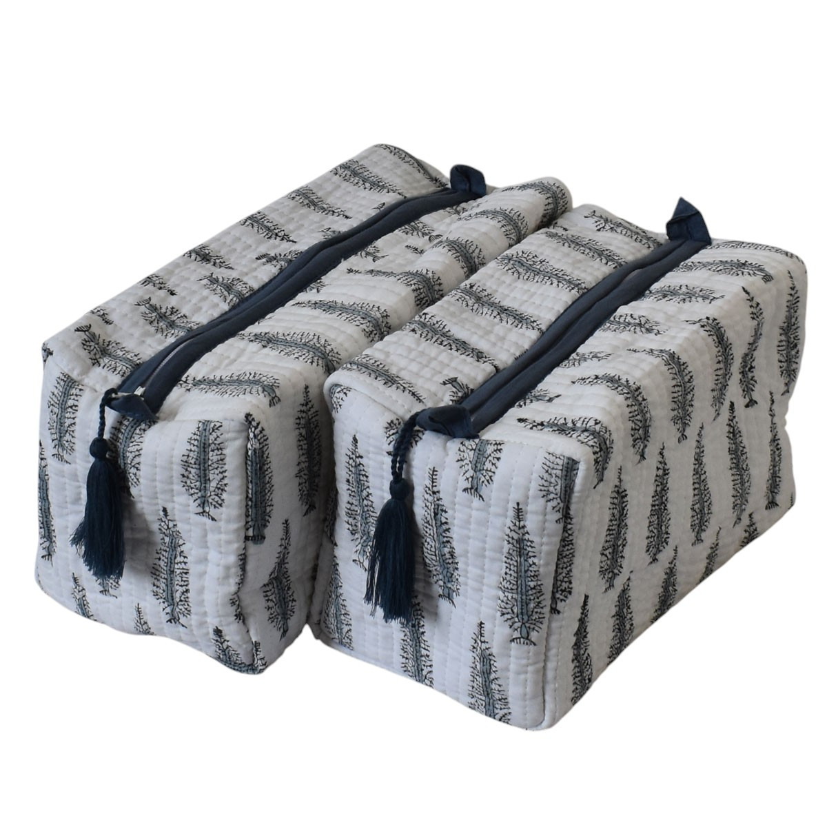 Hand Block Printed Cotton Quilted Cosmetic Bag Set of 2 Winter Fall Tree Grey 107195
