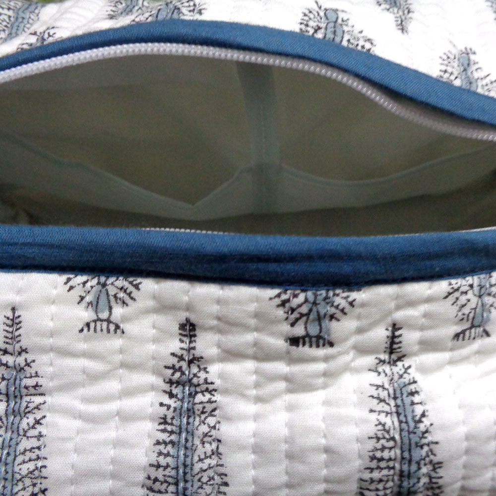 Hand Block Printed Cotton Quilted Cosmetic Bag Set of 2  Winter Fall Tree Grey 107195