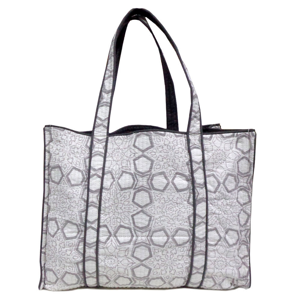 Hand Block Printed Cotton Quilted Tote Bag   Geo Chokri Grey 206186