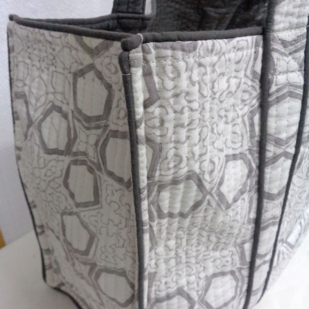 Hand Block Printed Cotton Quilted Tote Bag   Geo Chokri Grey 206186