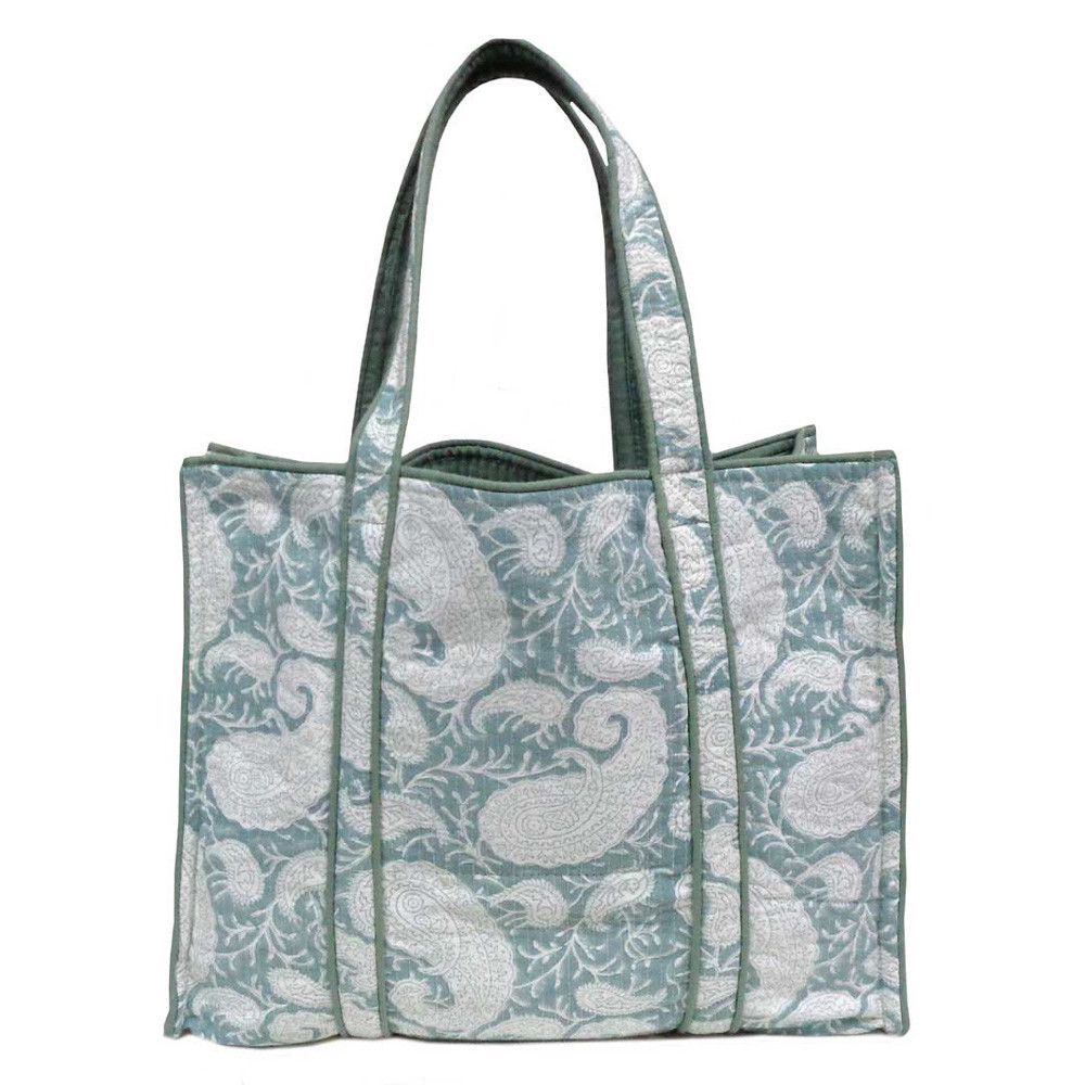 Hand Block Printed Cotton Quilted Tote Bag Ambi Mineral Blue Gud 201582