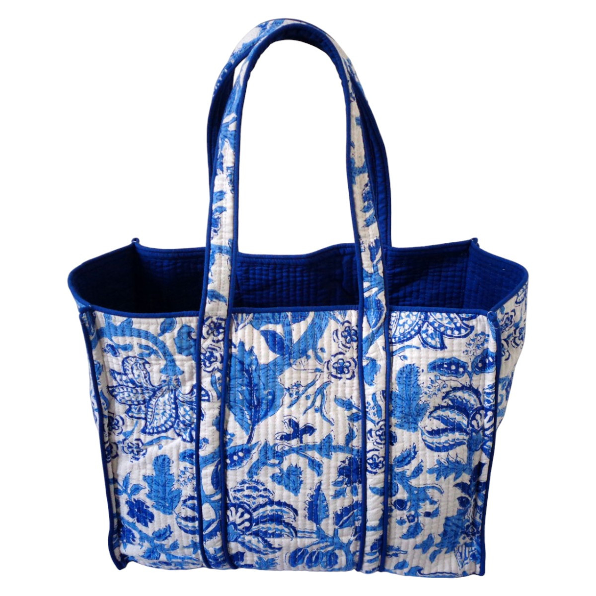 Hand Block Printed Cotton Quilted Tote Bag Anarkali Blue Open 106795