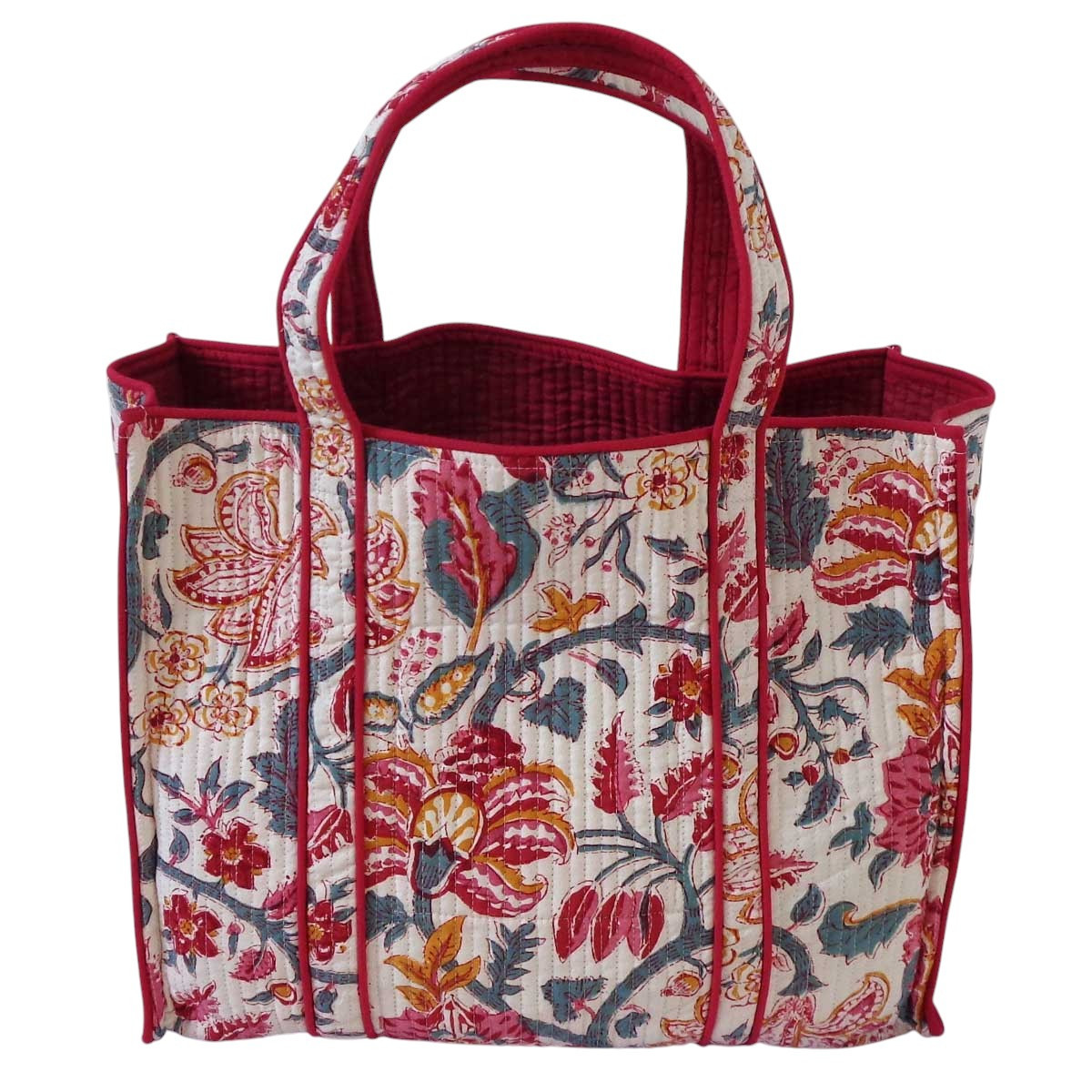 Hand Block Printed Cotton Quilted Tote Bag Anarkali Red Open 200652