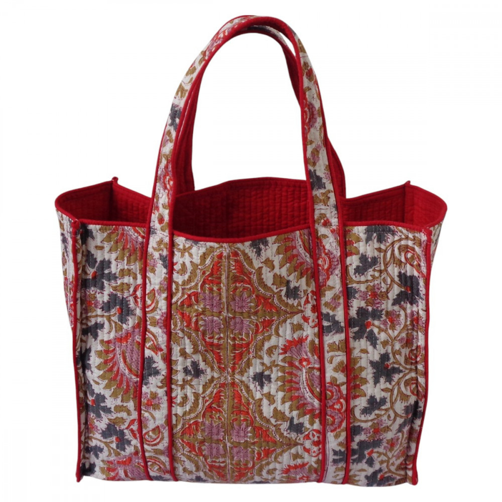 Image of Hand Block Printed Cotton Quilted Tote Bag | Bird Of Paradise Open 204059