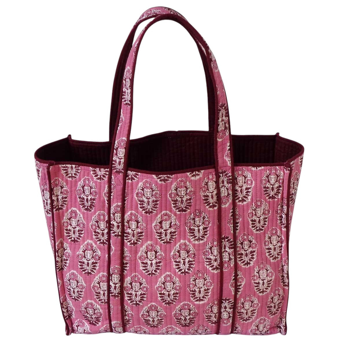 Hand Block Printed Cotton Quilted Tote Bag Boota Pink Gud 202811