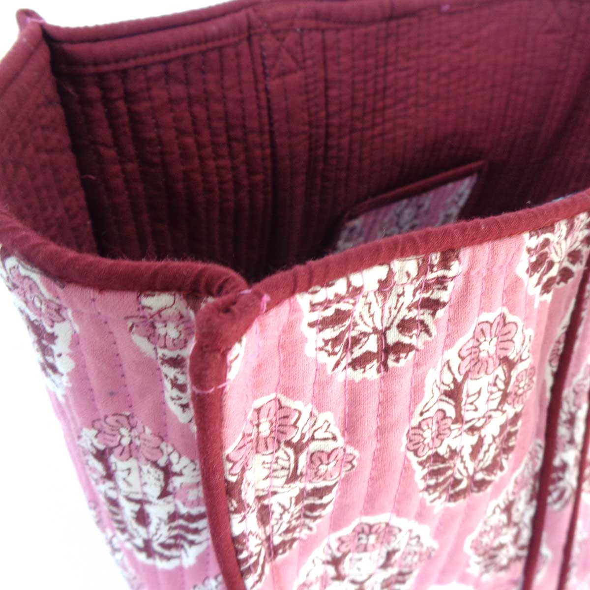 Hand Block Printed Cotton Quilted Tote Bag Boota Pink Gud 202811