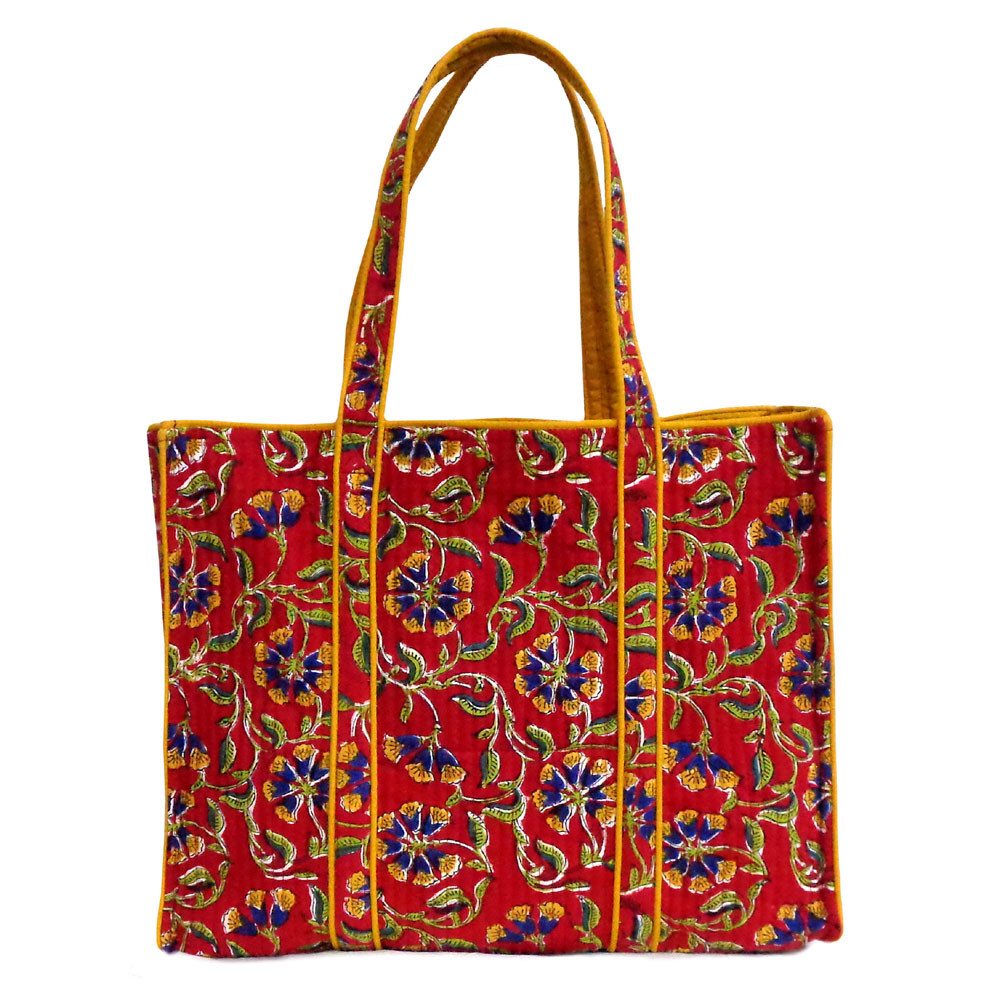Image of Hand Block Printed Cotton Quilted Tote Bag | Chakri Red Gud 101748