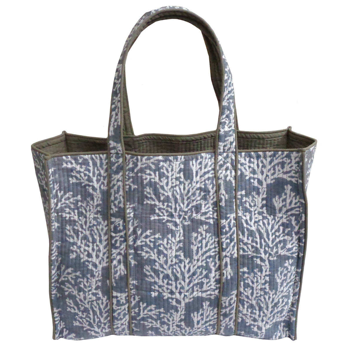 Hand Block Printed Cotton Quilted Tote Bag Coral Ashley Grey 701931
