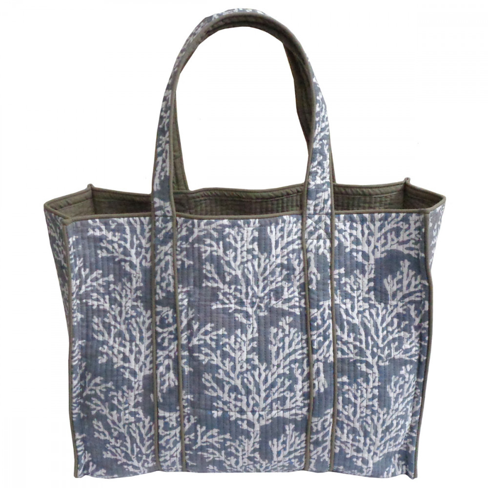 Image of Hand Block Printed Cotton Quilted Tote Bag | Coral Ashley Grey 701931