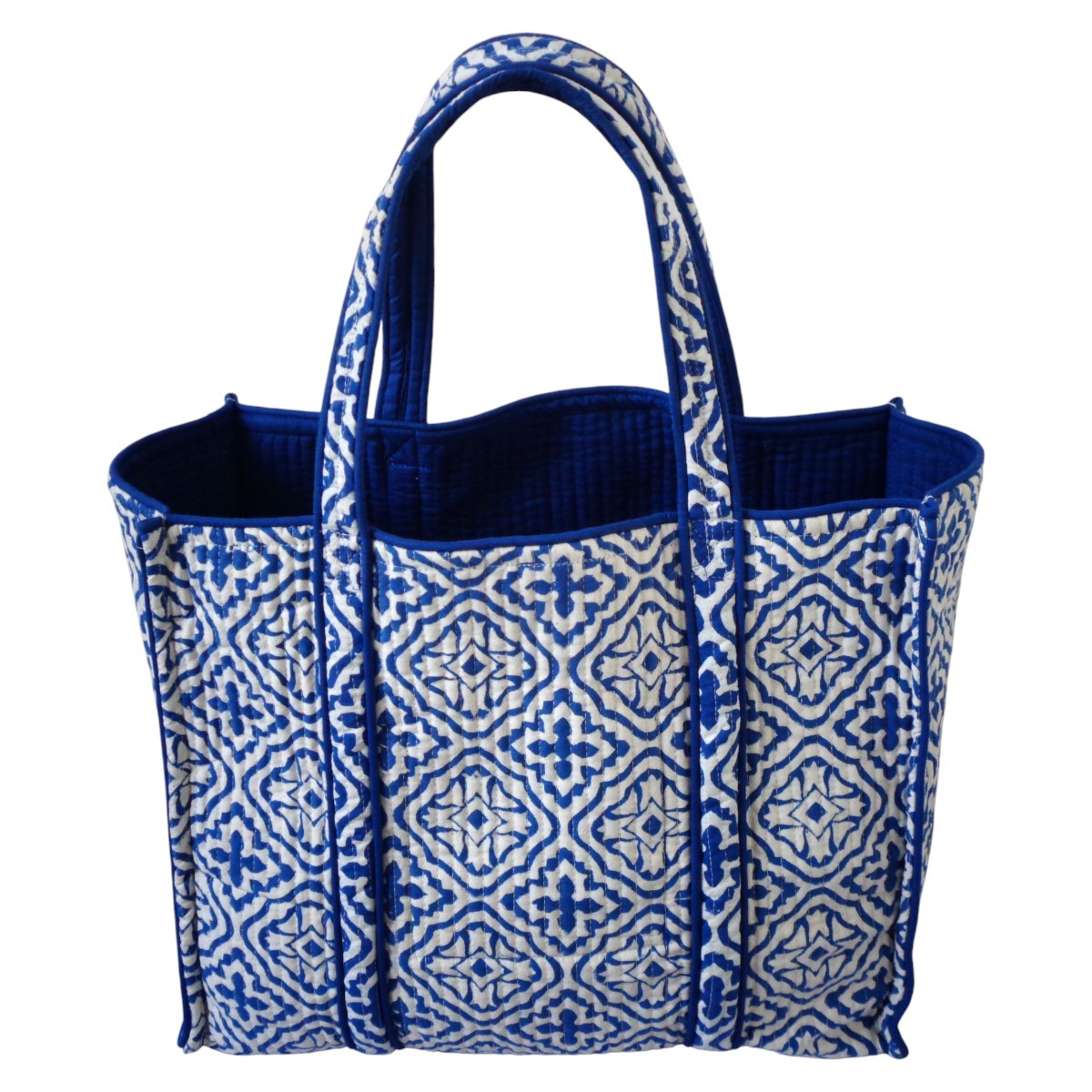 Hand Block Printed Cotton Quilted Tote Bag  Cross Flower Blue 302287