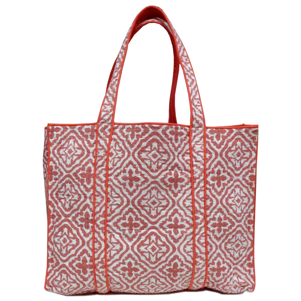 Image of Hand Block Printed Cotton Quilted Tote Bag | Cross Flower Pink 107051