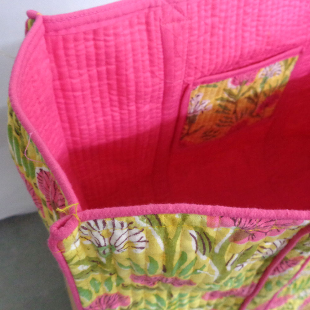 Hand Block Printed Cotton Quilted Tote Bag Desert Blossom Pink Gud 200441
