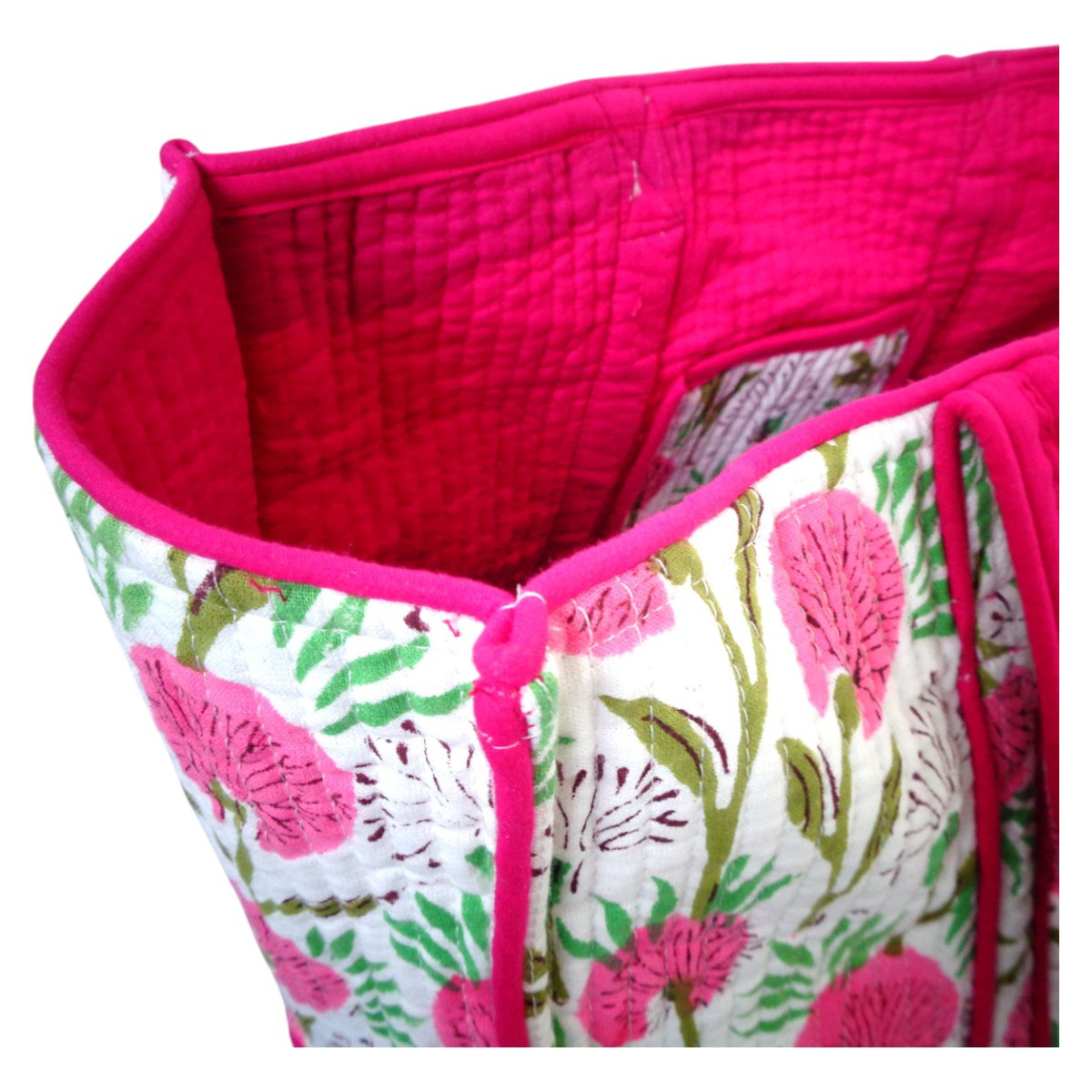 Hand Block Printed Cotton Quilted Tote Bag Desert Blossom Pink Open 501440