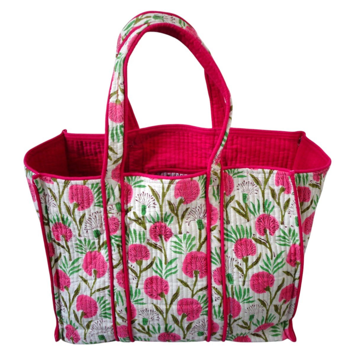 Hand Block Printed Cotton Quilted Tote Bag  Desert Blossom Pink Open 501440