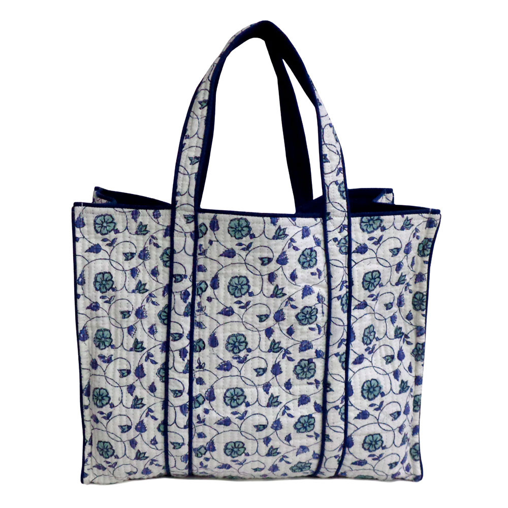 Image of Hand Block Printed Cotton Quilted Tote Bag | Floral Kali Blue 203903