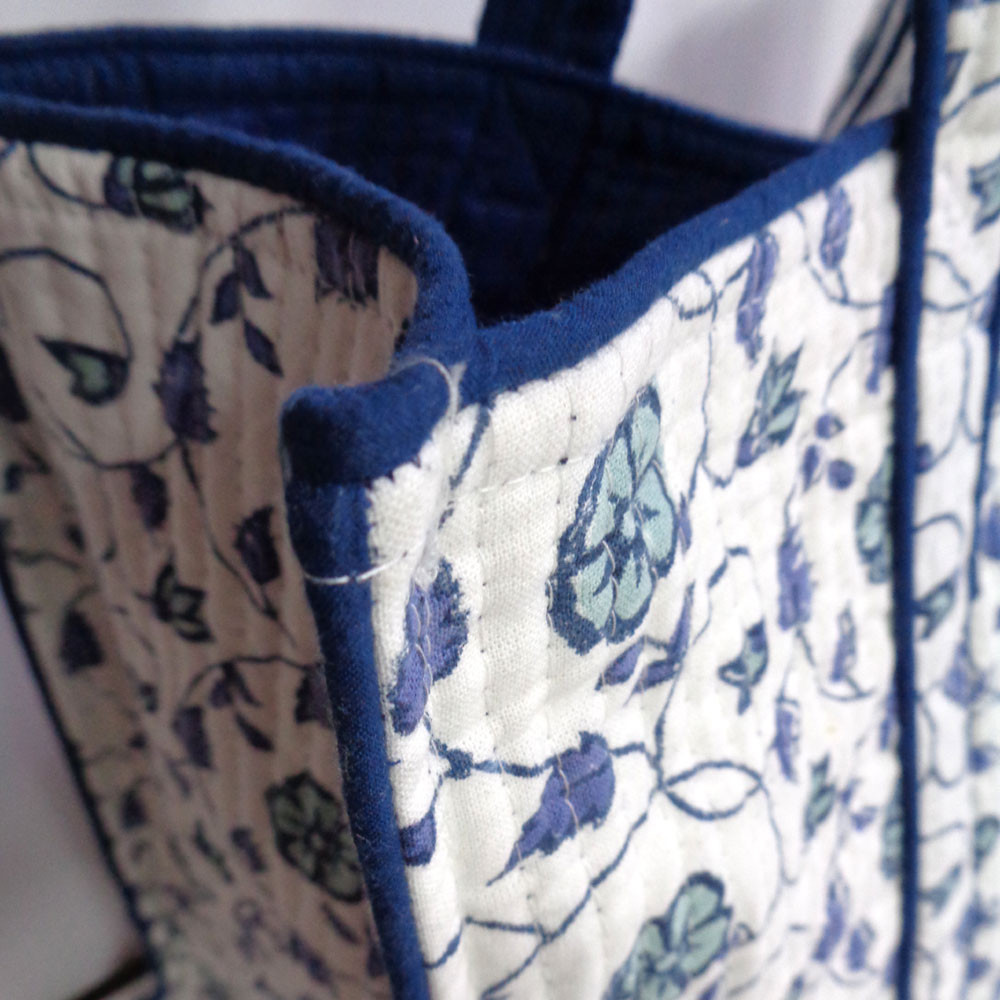 Hand Block Printed Cotton Quilted Tote Bag Floral Kali Blue 203903