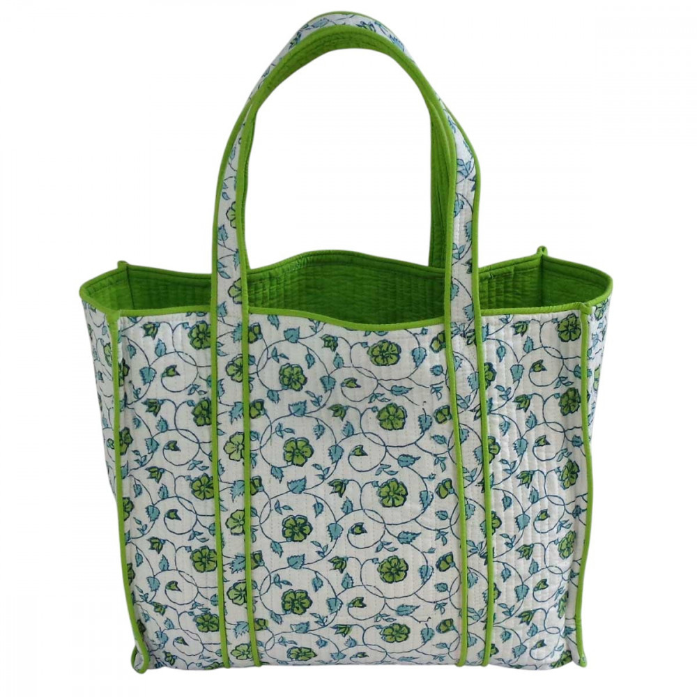 Image of Hand Block Printed Cotton Quilted Tote Bag | Floral Kali Green 204365