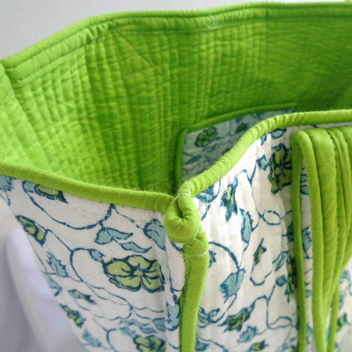 Hand Block Printed Cotton Quilted Tote Bag  Floral Kali Green 204365