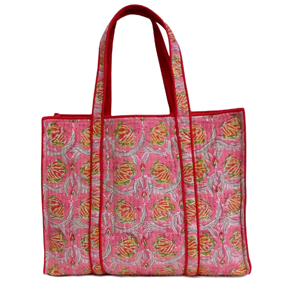 Hand Block Printed Cotton Quilted Tote Bag  Frost Pink Floral 202816