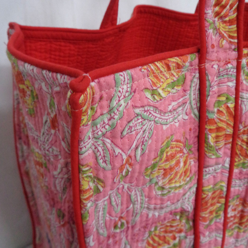 Hand Block Printed Cotton Quilted Tote Bag  Frost Pink Floral 202816