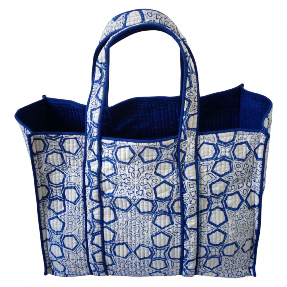 Image of Hand Block Printed Cotton Quilted Tote Bag | Geo Chokri Blue 205196