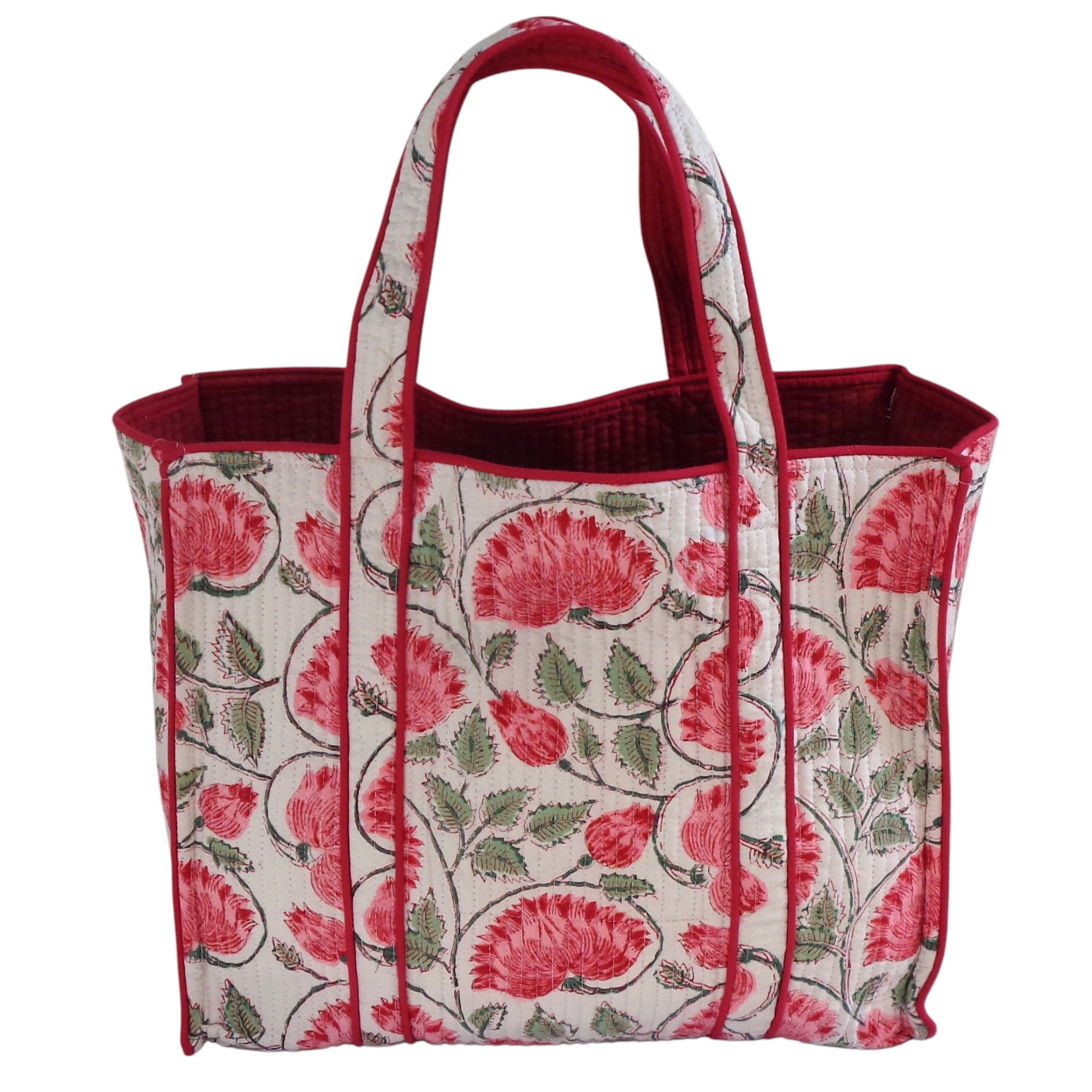 Hand Block Printed Cotton Quilted Tote Bag Kamal Gulabi Open 103739