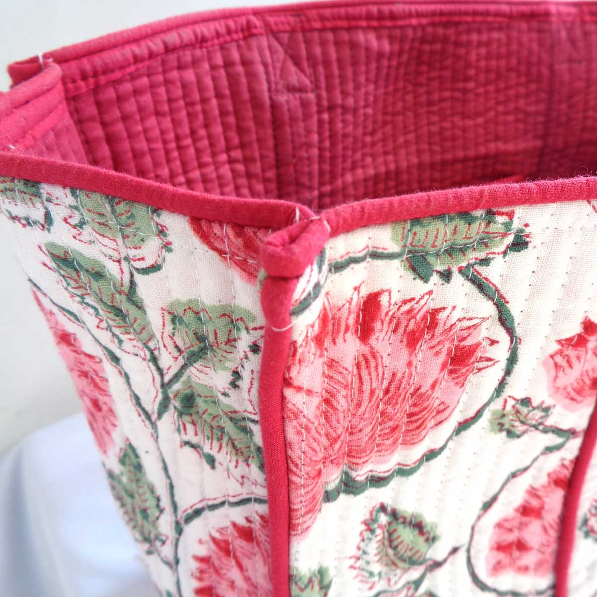 Hand Block Printed Cotton Quilted Tote Bag Kamal Gulabi Open 103739