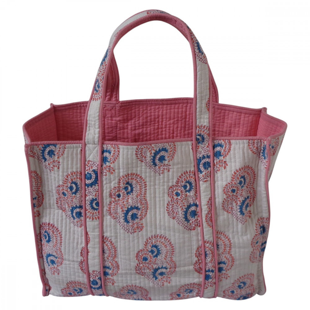 Image of Hand Block Printed Cotton Quilted Tote Bag | Kusum Gulabi Boota 205379
