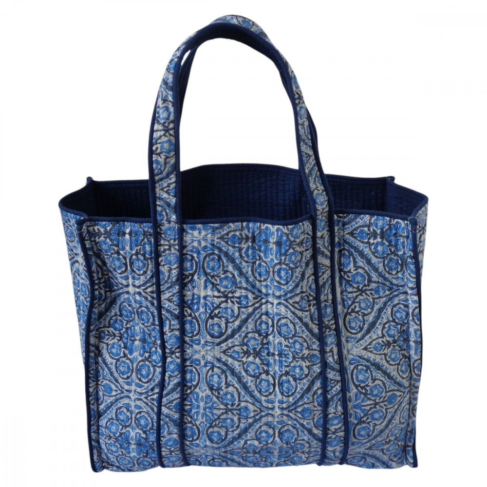 Image of Hand Block Printed Cotton Quilted Tote Bag | Phool Chokri Nili 505055