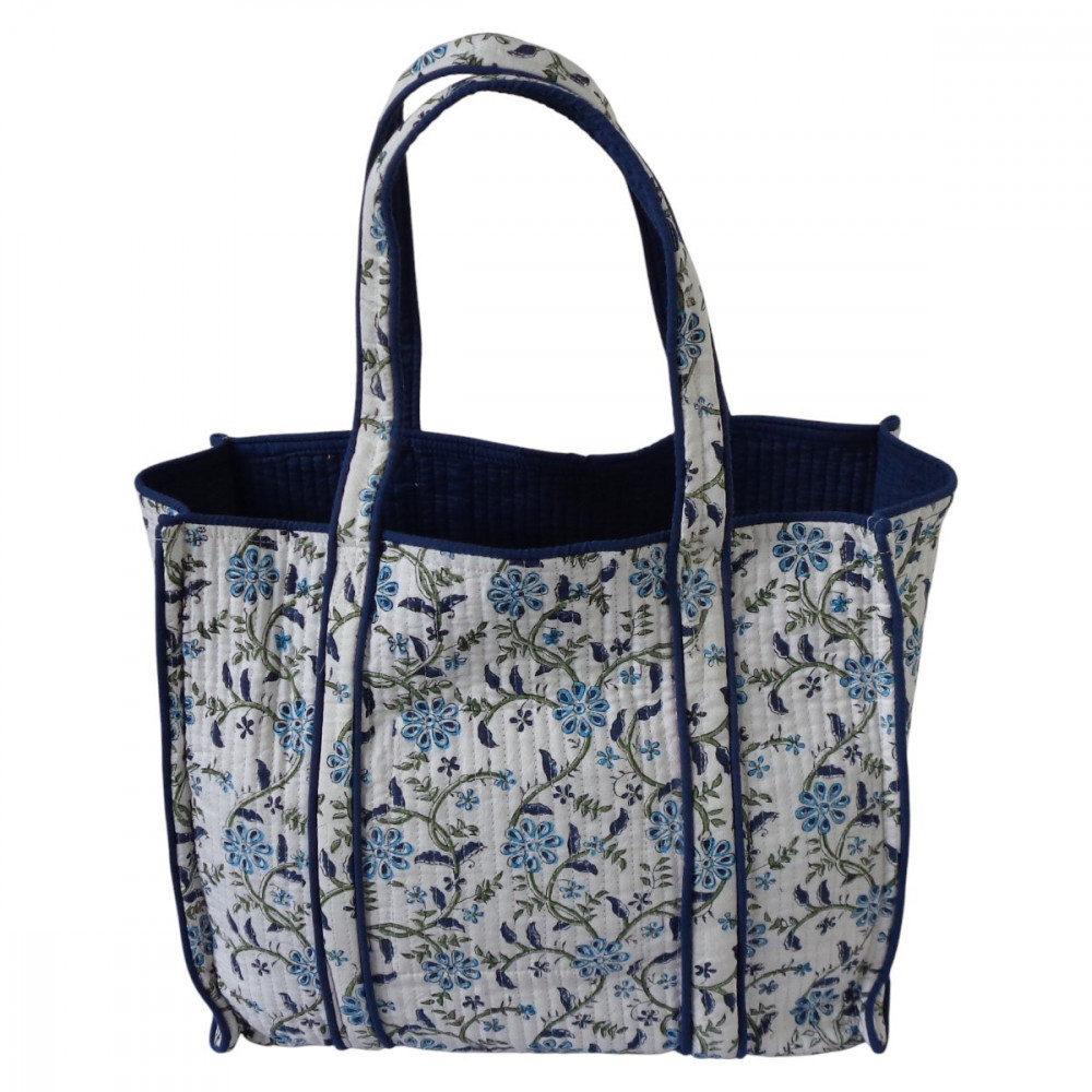 Image of Hand Block Printed Cotton Quilted Tote Bag | Ragini Blue 106149