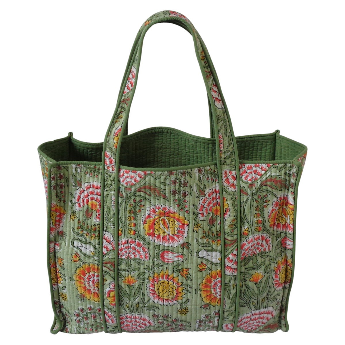 Hand Block Printed Cotton Quilted Tote Bag  Reshma Sea Green Gud 203224