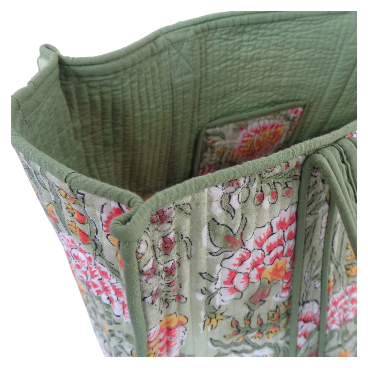 Hand Block Printed Cotton Quilted Tote Bag  Reshma Sea Green Gud 203224