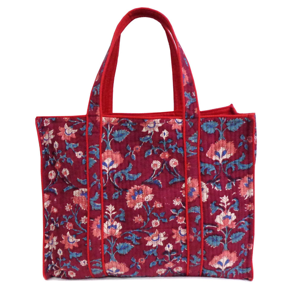 Hand Block Printed Cotton Quilted Tote Bag Rukhsana Maroon Gud 105823