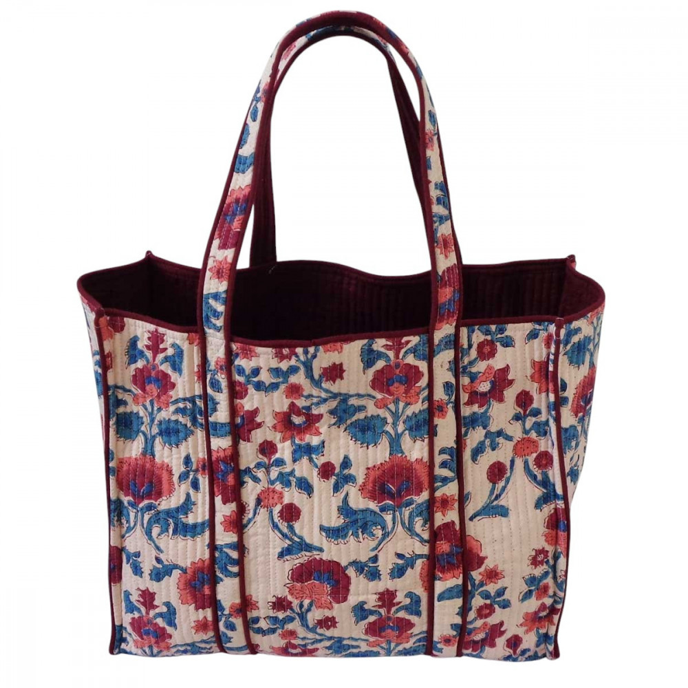 Image of Hand Block Printed Cotton Quilted Tote Bag | Rukhsana Maroon Open 103616