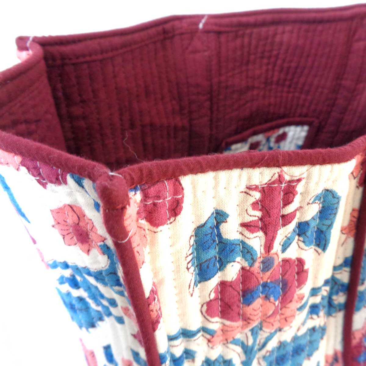 Hand Block Printed Cotton Quilted Tote Bag Rukhsana Maroon Open 103616