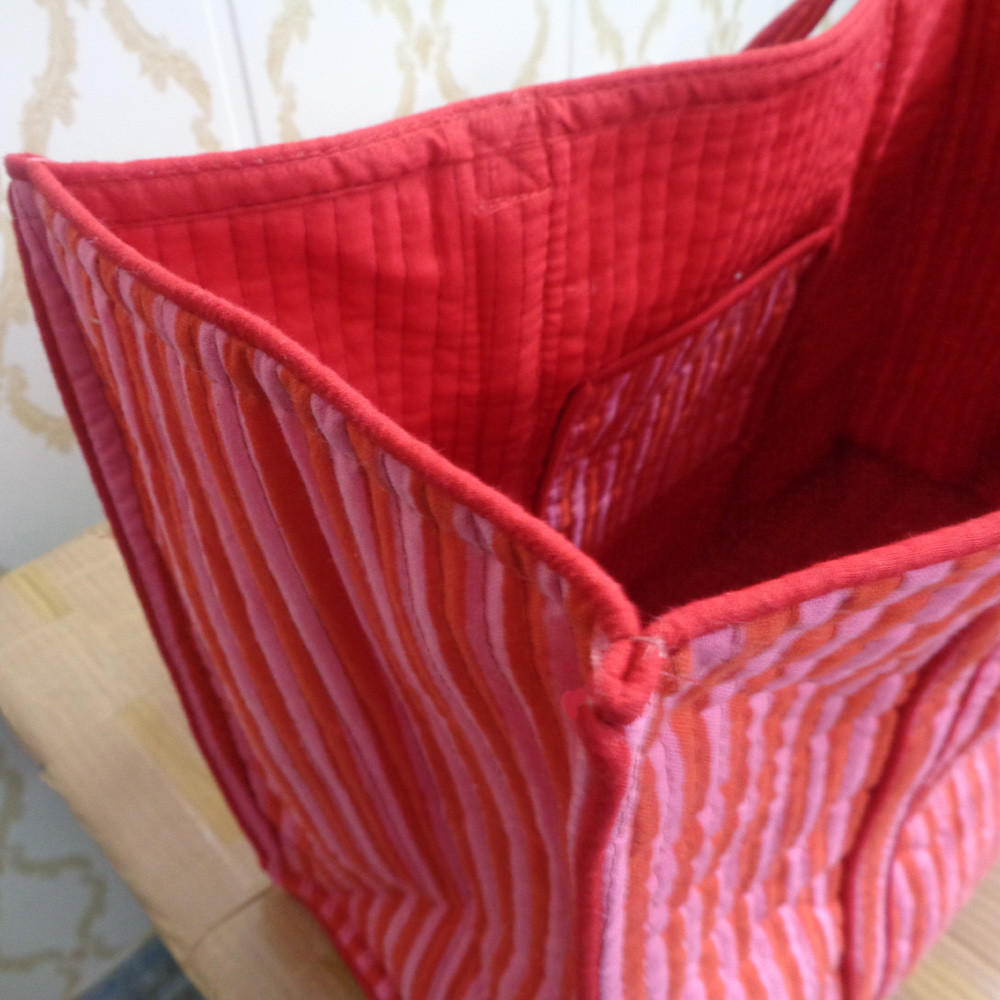 Hand Block Printed Cotton Quilted Tote Bag  Stripe Pink Red 207993