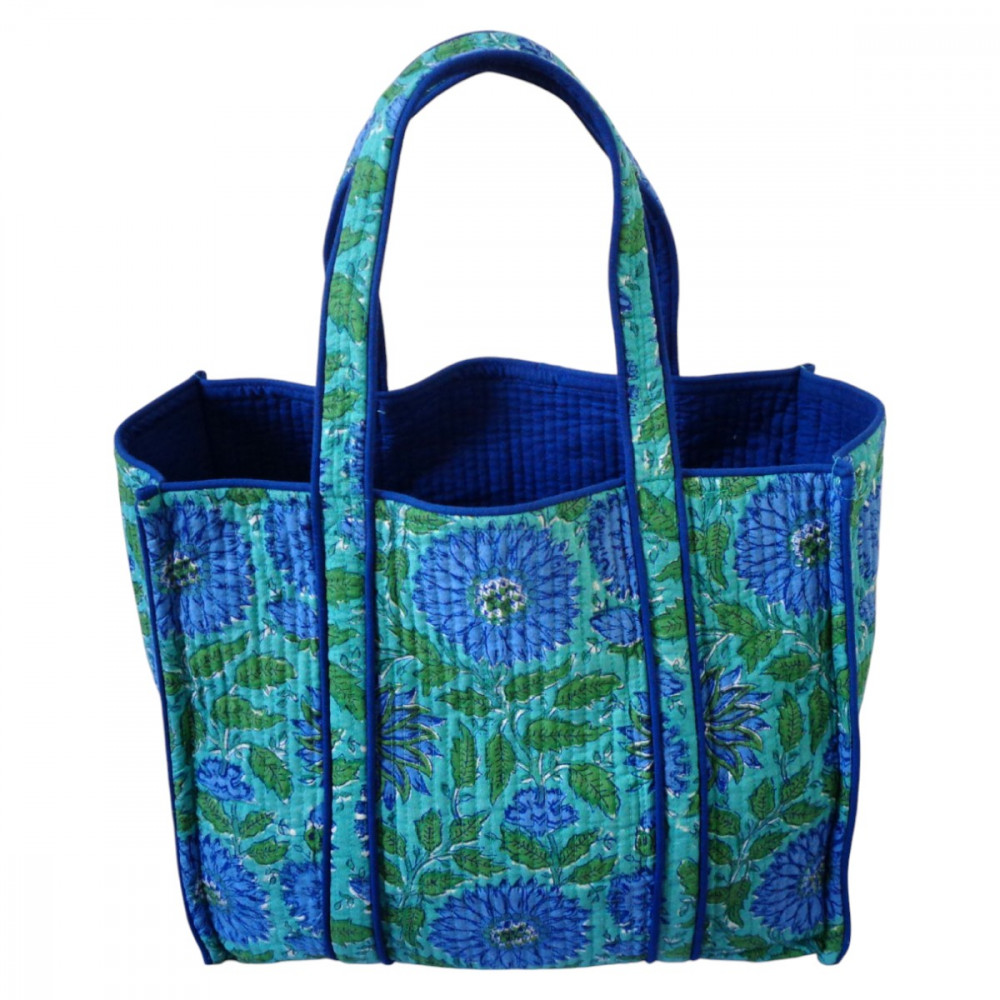 Image of Hand Block Printed Cotton Quilted Tote Bag | Surajmukhi Blue Gud 106164
