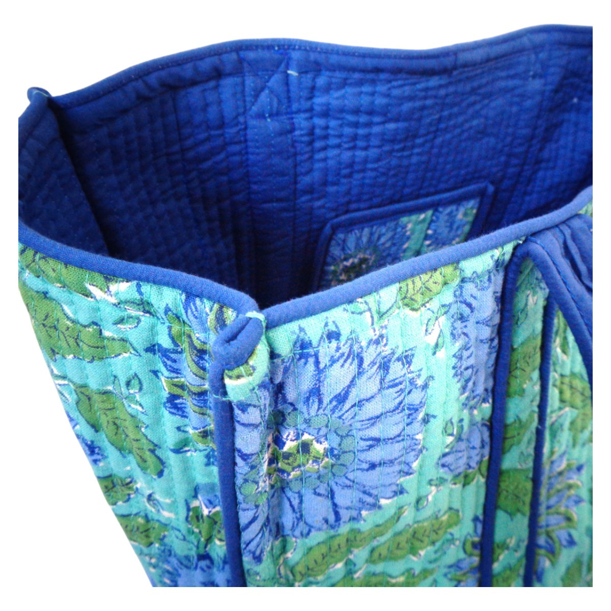 Hand Block Printed Cotton Quilted Tote Bag Surajmukhi Blue Gud 106164