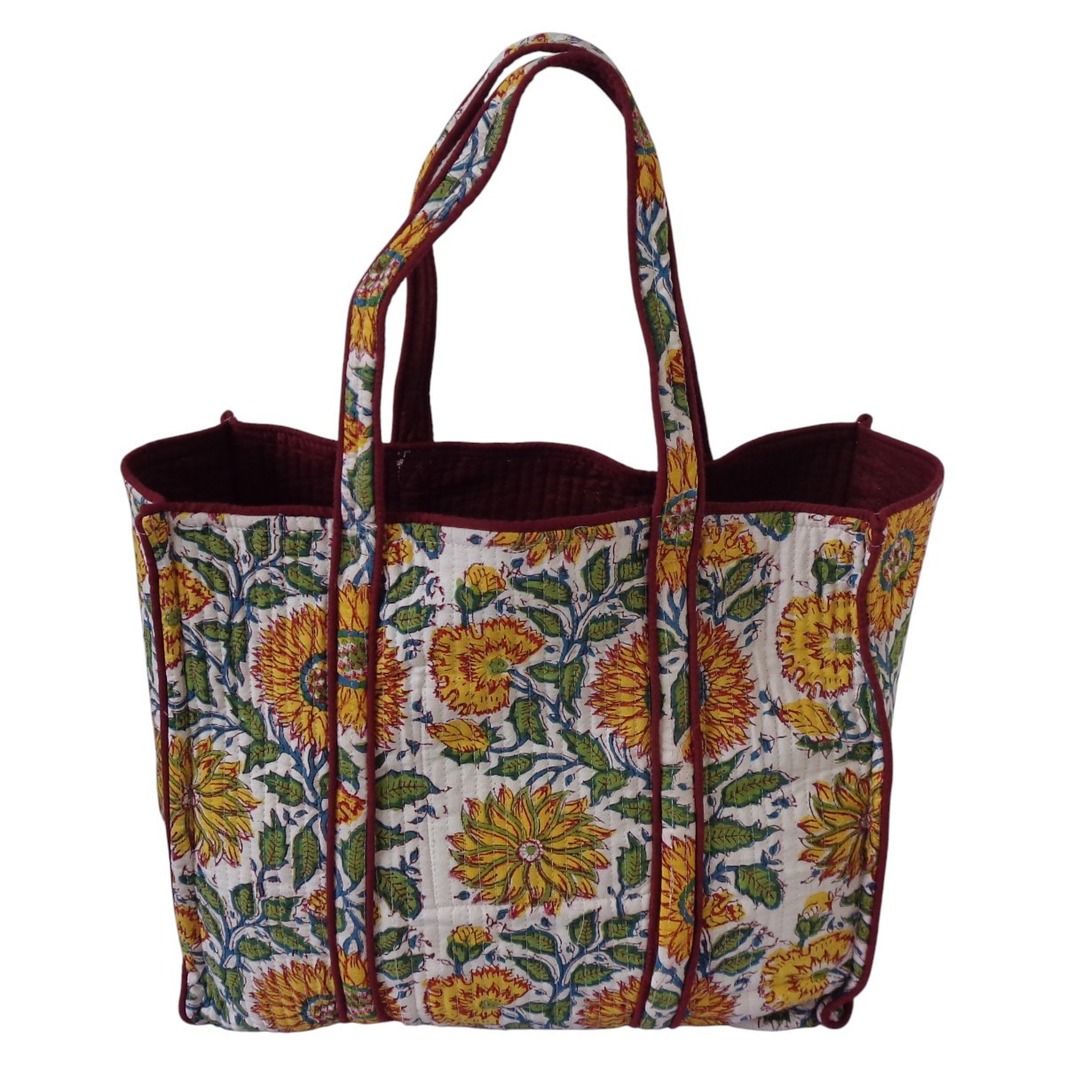 Hand Block Printed Cotton Quilted Tote Bag Surajmukhi Canary Open 206589