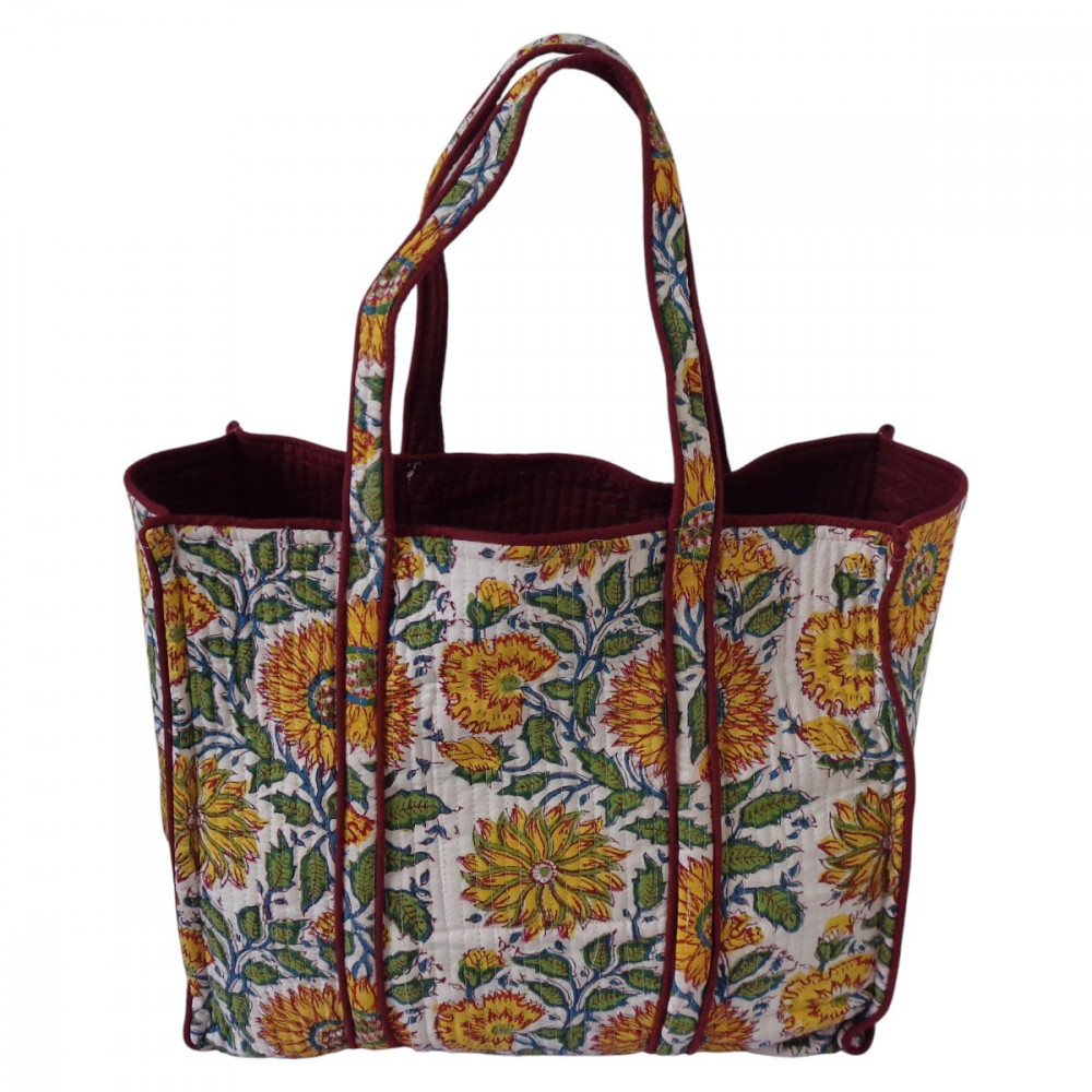 Image of Hand Block Printed Cotton Quilted Tote Bag | Surajmukhi Canary Open 206589