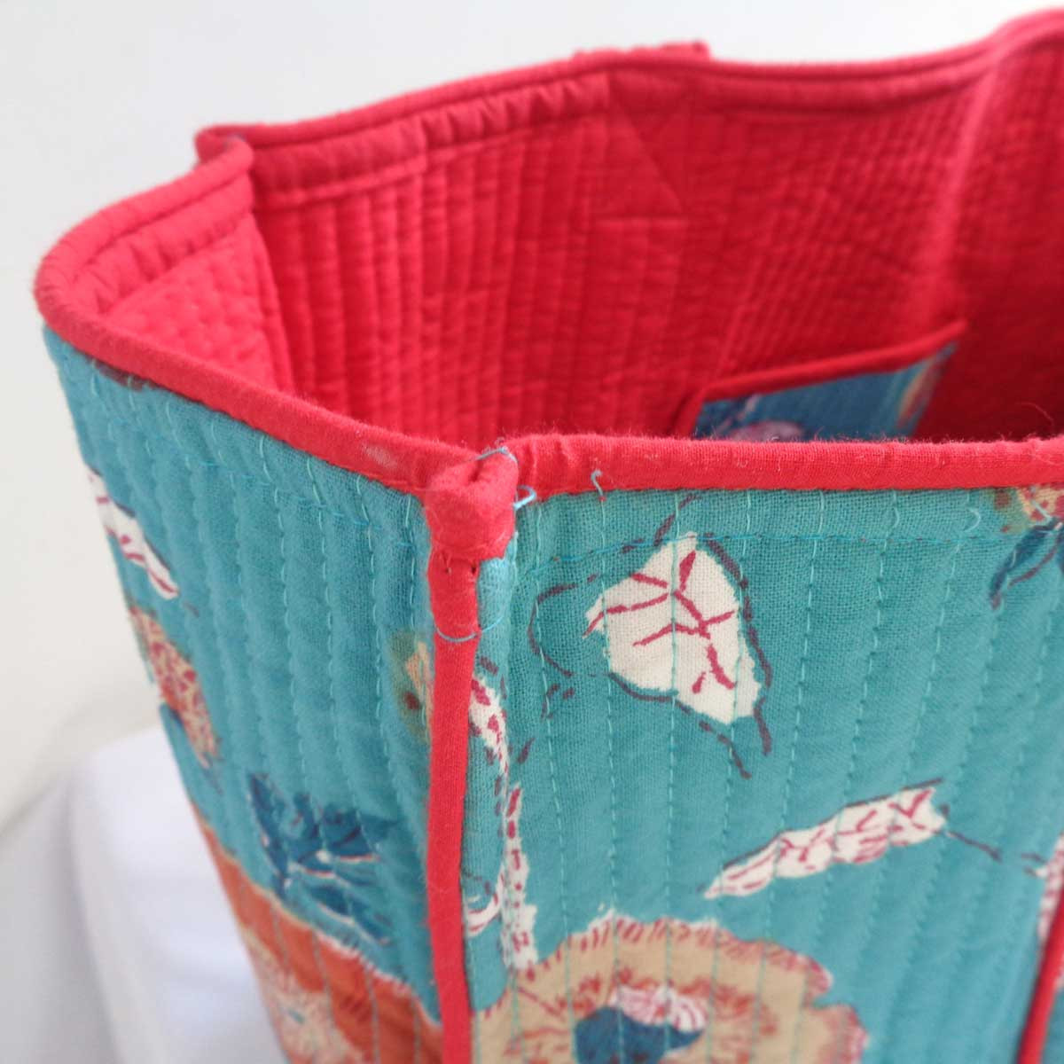 Hand Block Printed Cotton Quilted Tote Bag Teal Flower Gud 105899