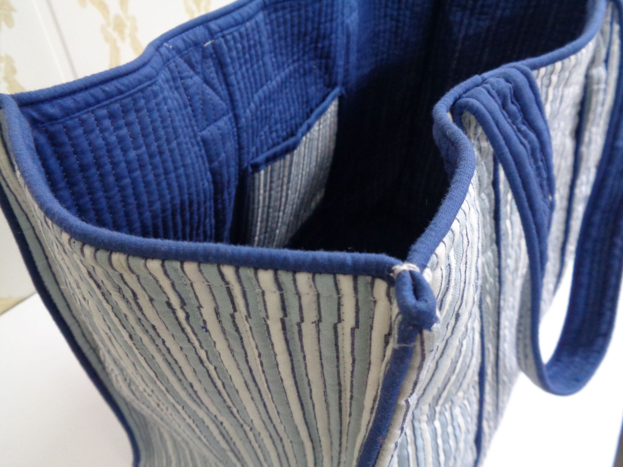 Hand Block Printed Cotton Quilted Tote Bag  Two Stripe Starlight 202212