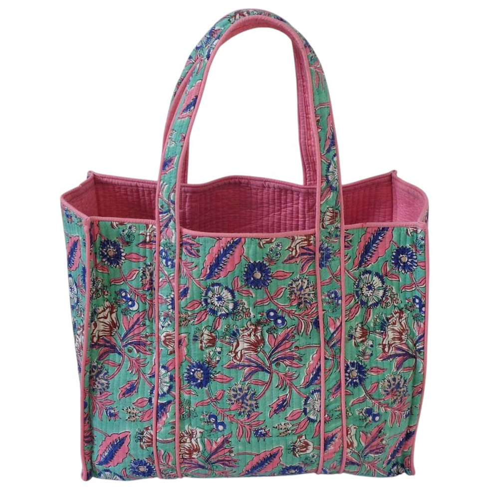 Image of Hand Block Printed Cotton Quilted Tote Bag | Wild Flower Ocean Gud 102942