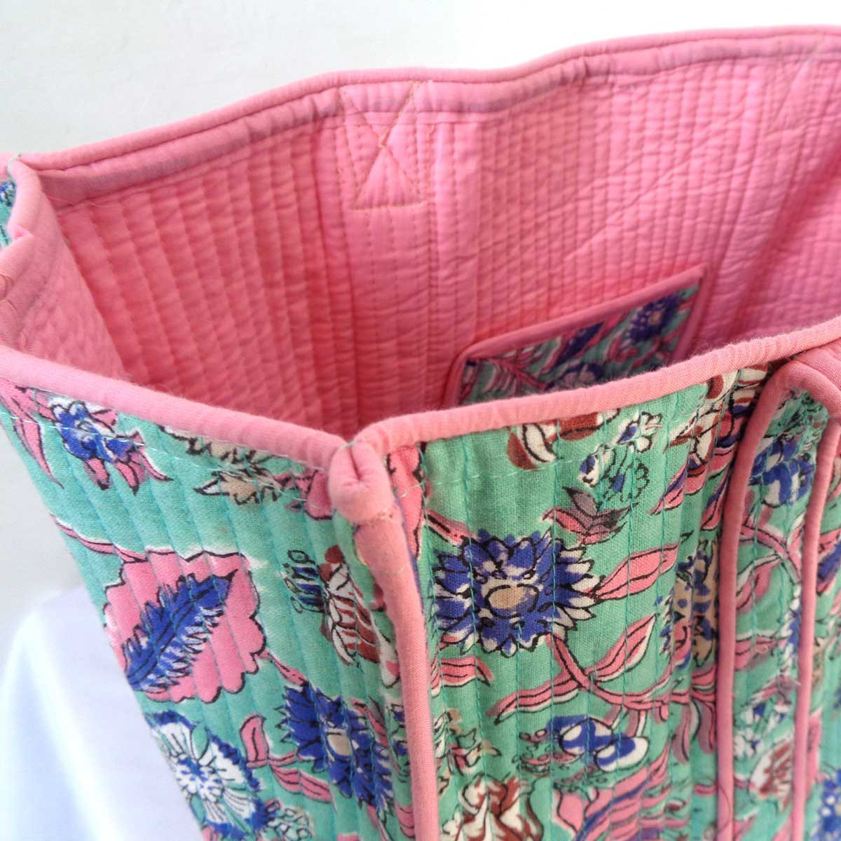 Hand Block Printed Cotton Quilted Tote Bag Wild Flower Ocean Gud 102942