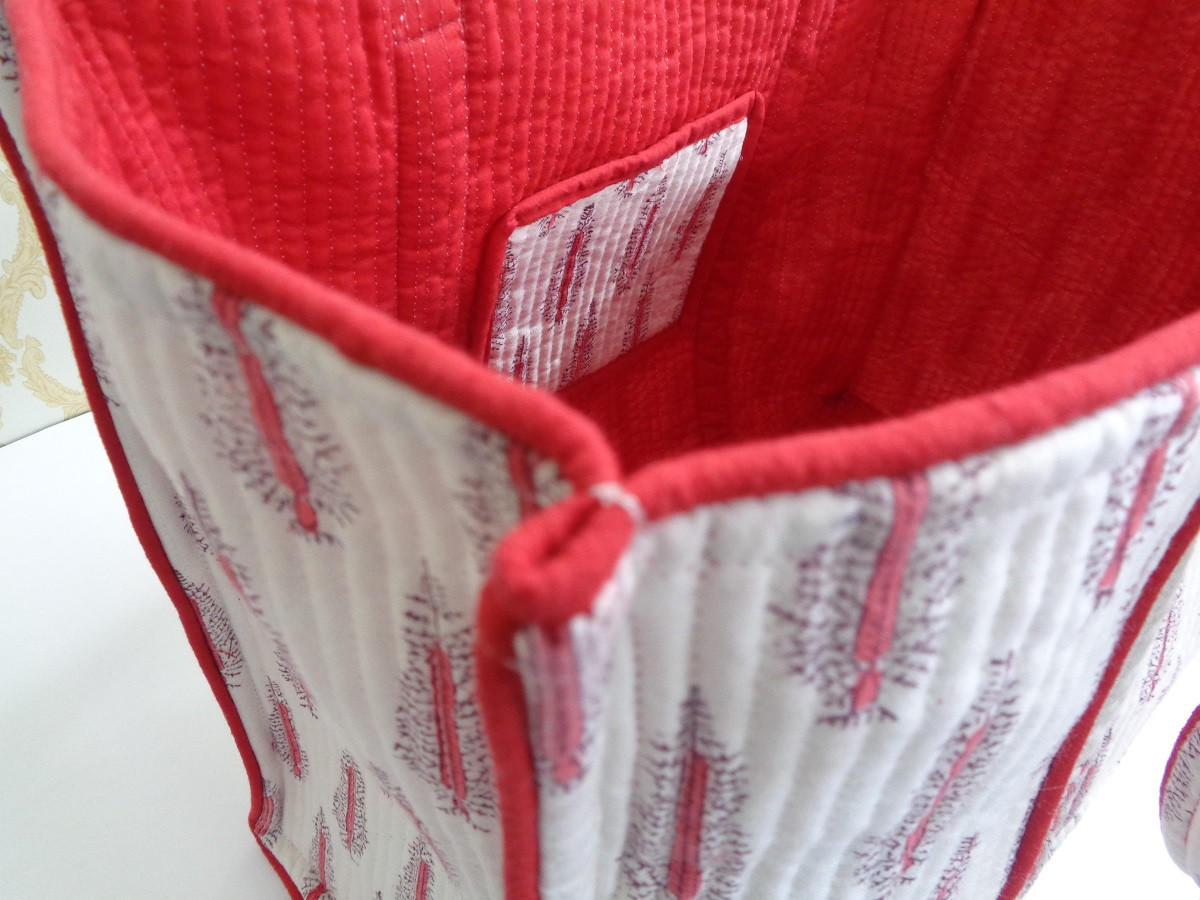 Hand Block Printed Cotton Quilted Tote Bag  Winter Fall Tree Christmas 302397